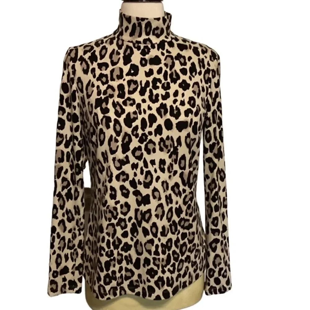 Kate Spade Leopard Cheetah Print Long Sleeve Mock Neck Top Size 4 Ponte